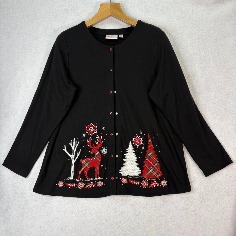 Quacker Factory Black Plaid Reindeer Cardigan Women XL Christmas Holiday Festive